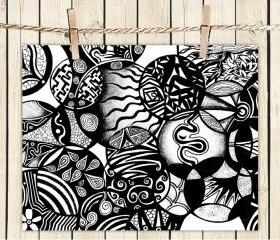 Poster Print 8x10 - Black and White Circles & Life - of Fine Art Illustration for Your Wall Decor